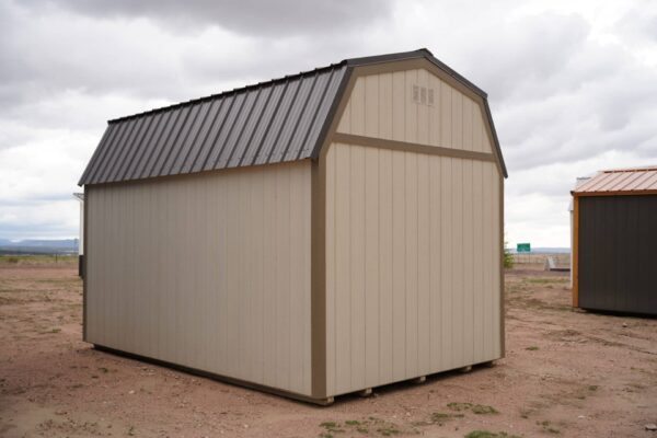 10x16 Barn Style storage shed with double doors and two windows viewed from the back corner.