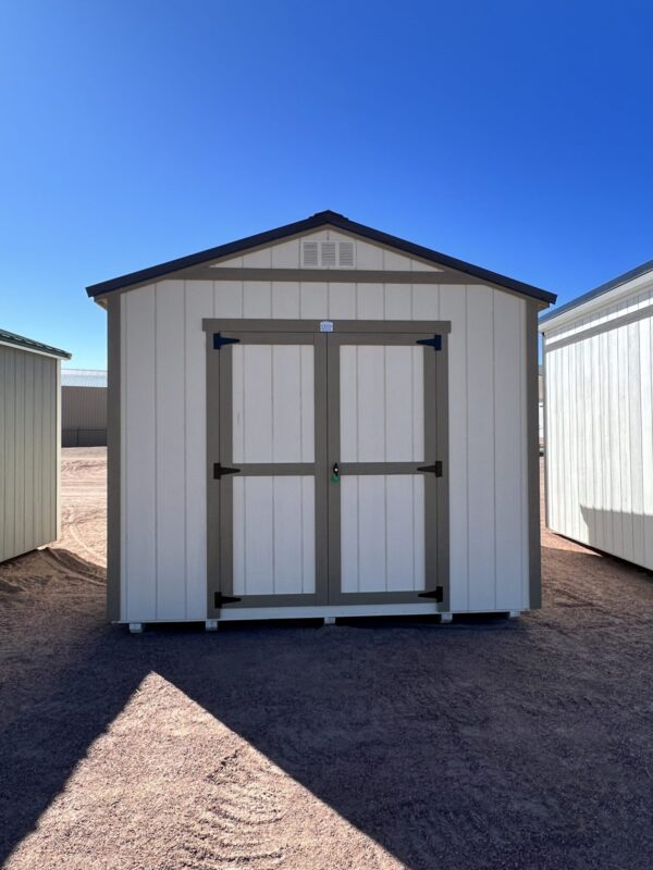 Front view highlighting the double doors of this 10x16 Gable Style storage shed, providing easy access and versatility. A perfect solution for convenient storage.